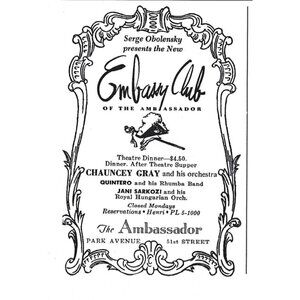The Ambassador Embassy Club Chauncey Gray Orchestra 1950s Vintage Print Ad